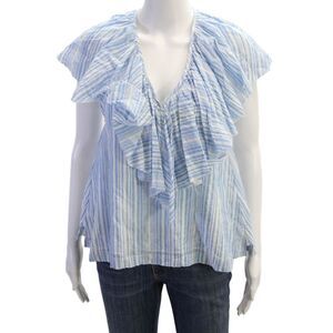 Loup Charmant Womens Organic Cotton Striped Short Sleeve Blouse Top Blue Size XS